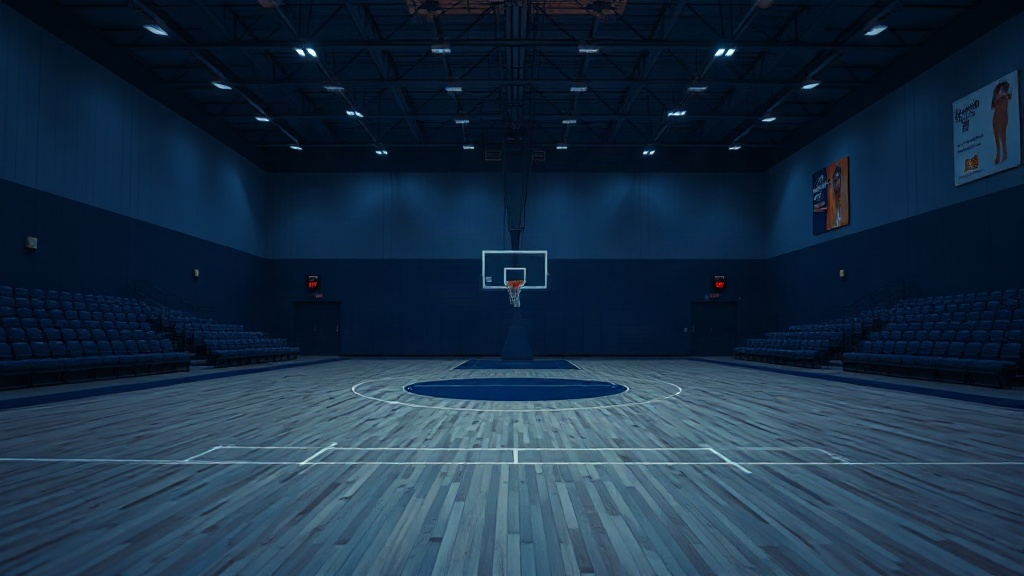 Basketball court at dusk with blue lighting